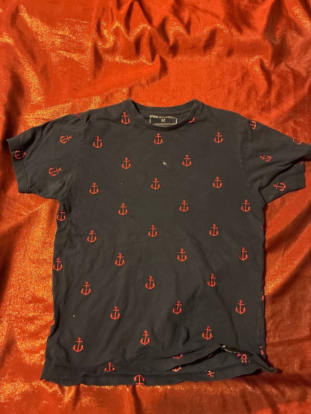 Pink DolphinShirt Mens M Navy Red Anchor Embroidered Short Sleeve Allover Tee